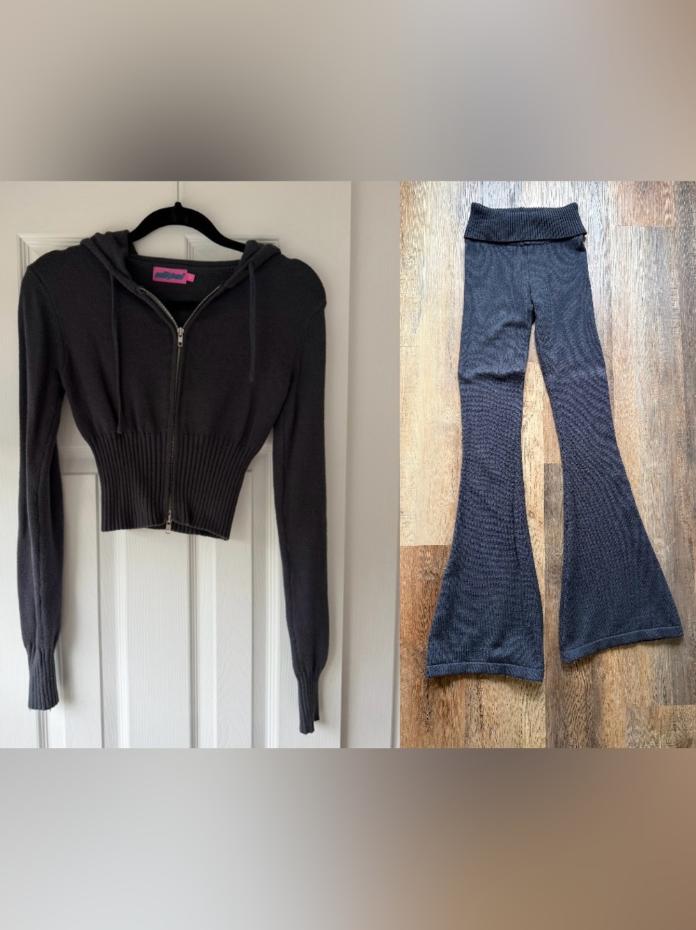 Edikted Light Navy Knit Set - Cropped Zip Up & Fold-Over Waist Flare Pants